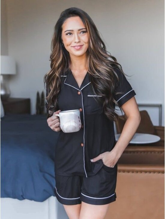 Tinkled Teal Other - Womens Black Short-Sleeve Button-Down Pajama Set With White Piping & Shorts